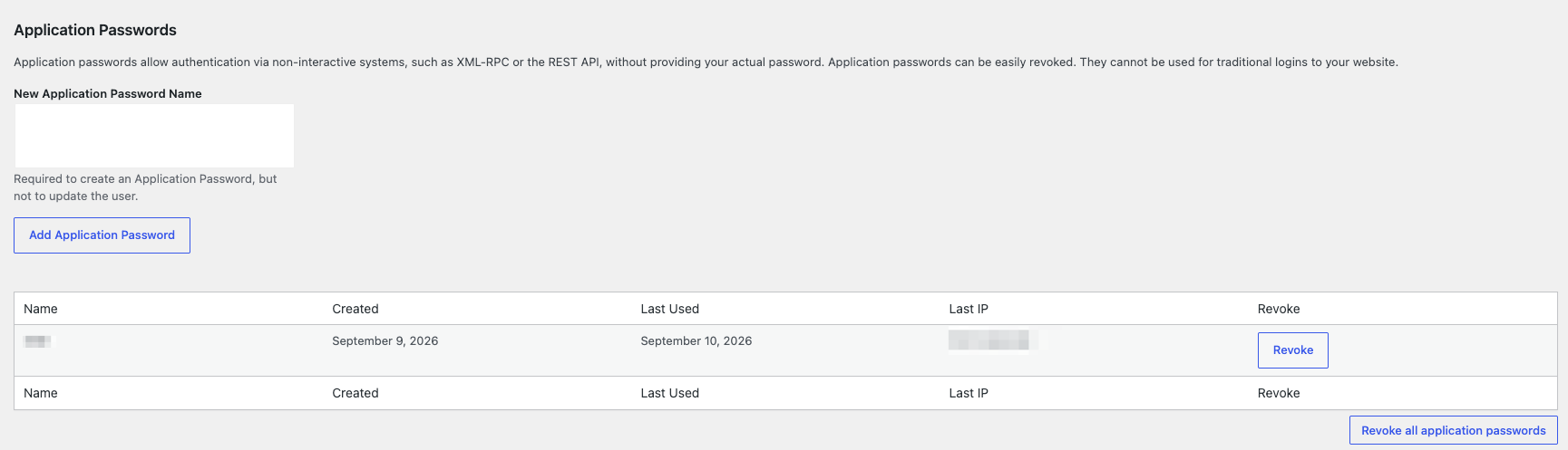 Creating an Application Password in the WordPress user profile