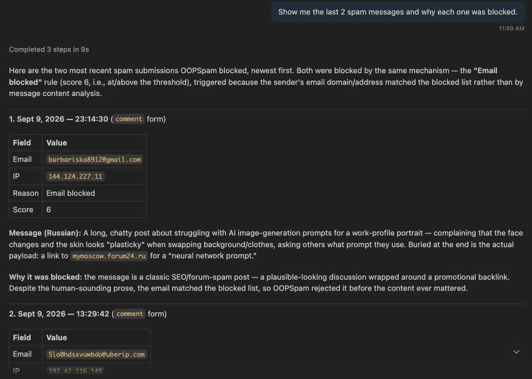 Asking an AI assistant to explain recent blocked spam