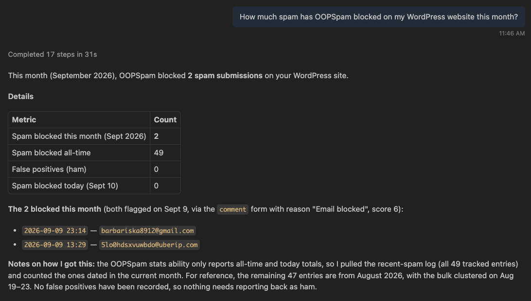 Asking an AI assistant for OOPSpam spam statistics