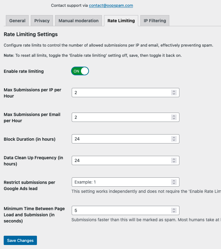 Rate Limiting Settings