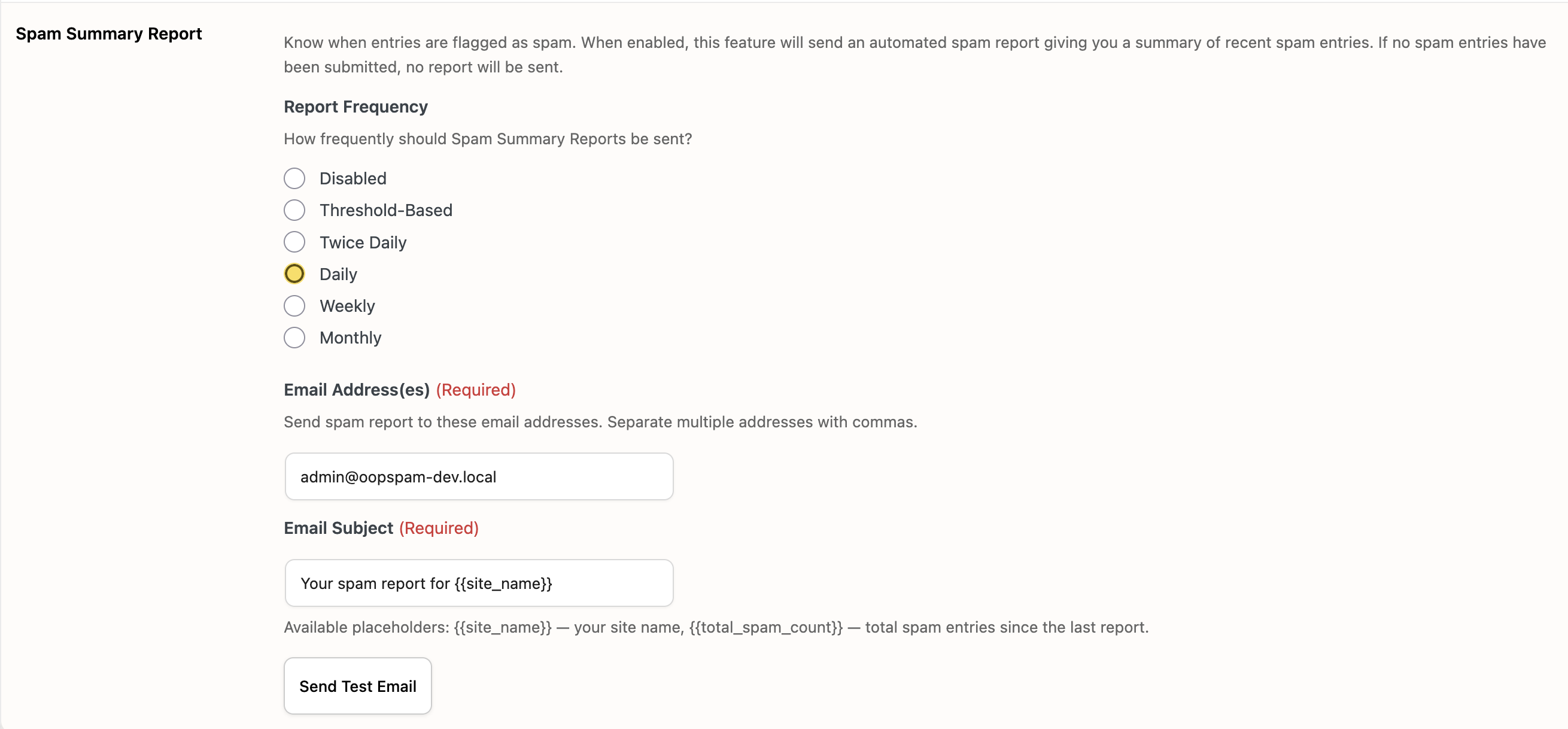 Spam Summary Report settings