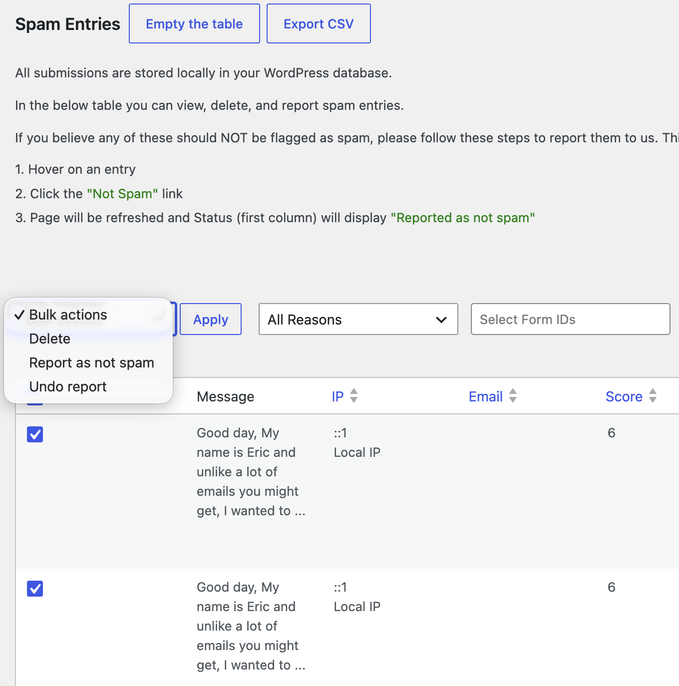 Bulk actions on entries table