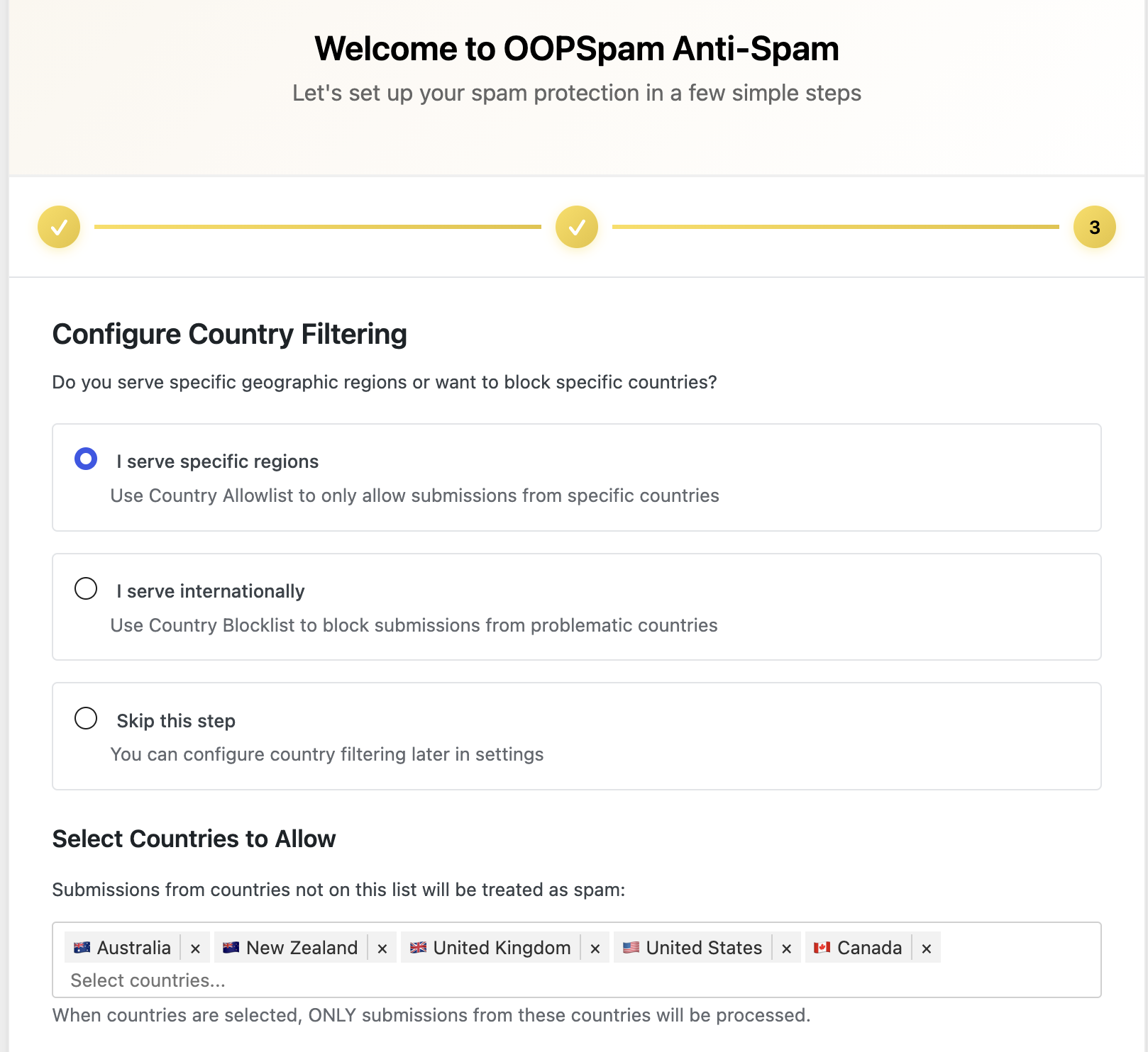 Setup Wizard Step 3 - Country Filtering