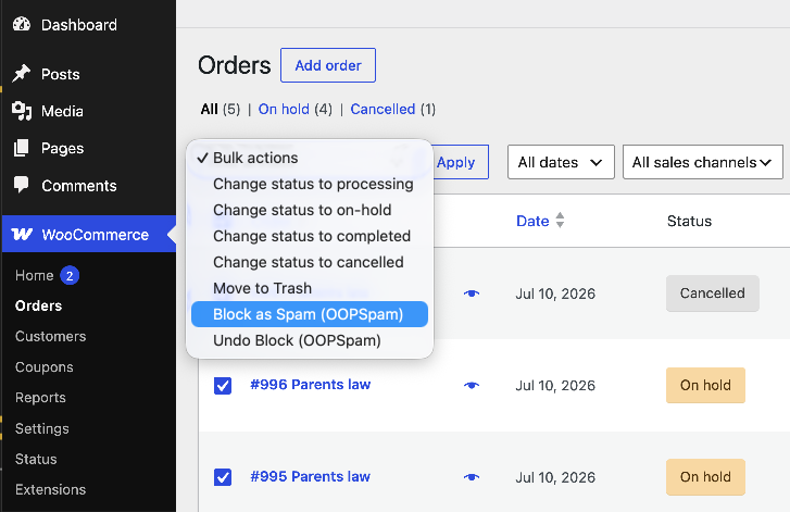Order actions dropdown