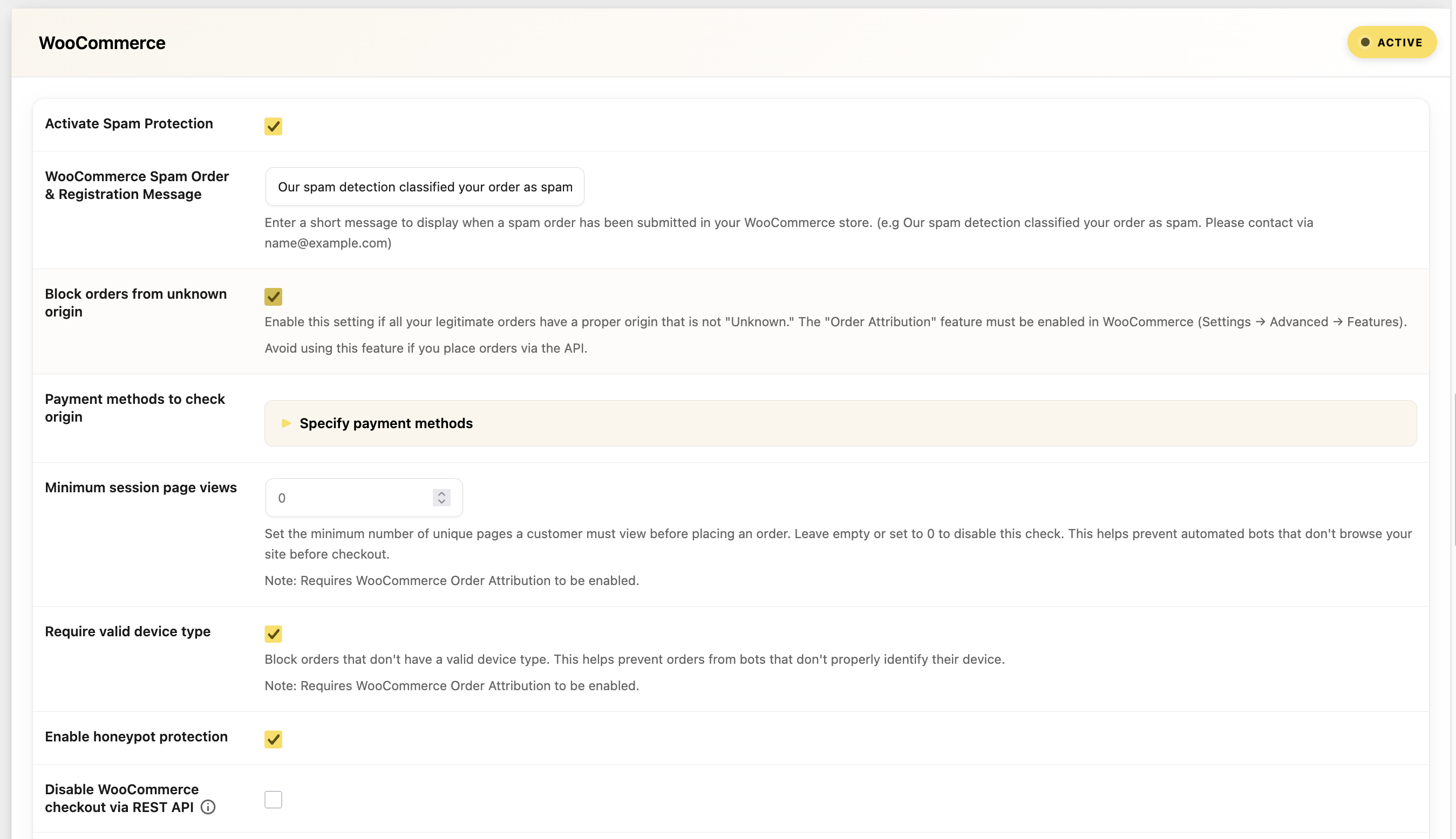 OOPSpam WooCommerce settings